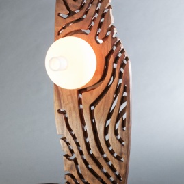 "Maori Lamp" 11"x17"x33", walnut and antique milk glass